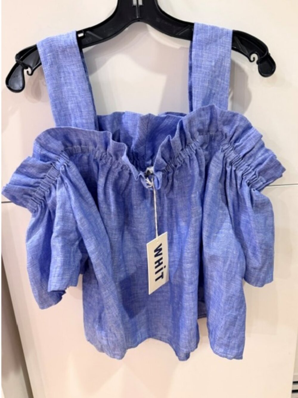 WHIT Linen Crop Top Size Medium – Blue, Off-Shoulder, Puff Sleeve, NWT